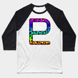 Pluto Planet Symbol in Dark Rainbow Leopard Print Baseball T-Shirt